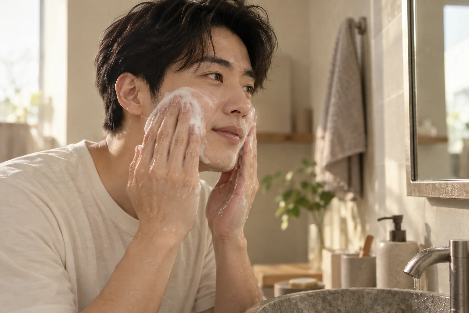 집에서 세안을 하는 성인 모델의 일상 관리 장면