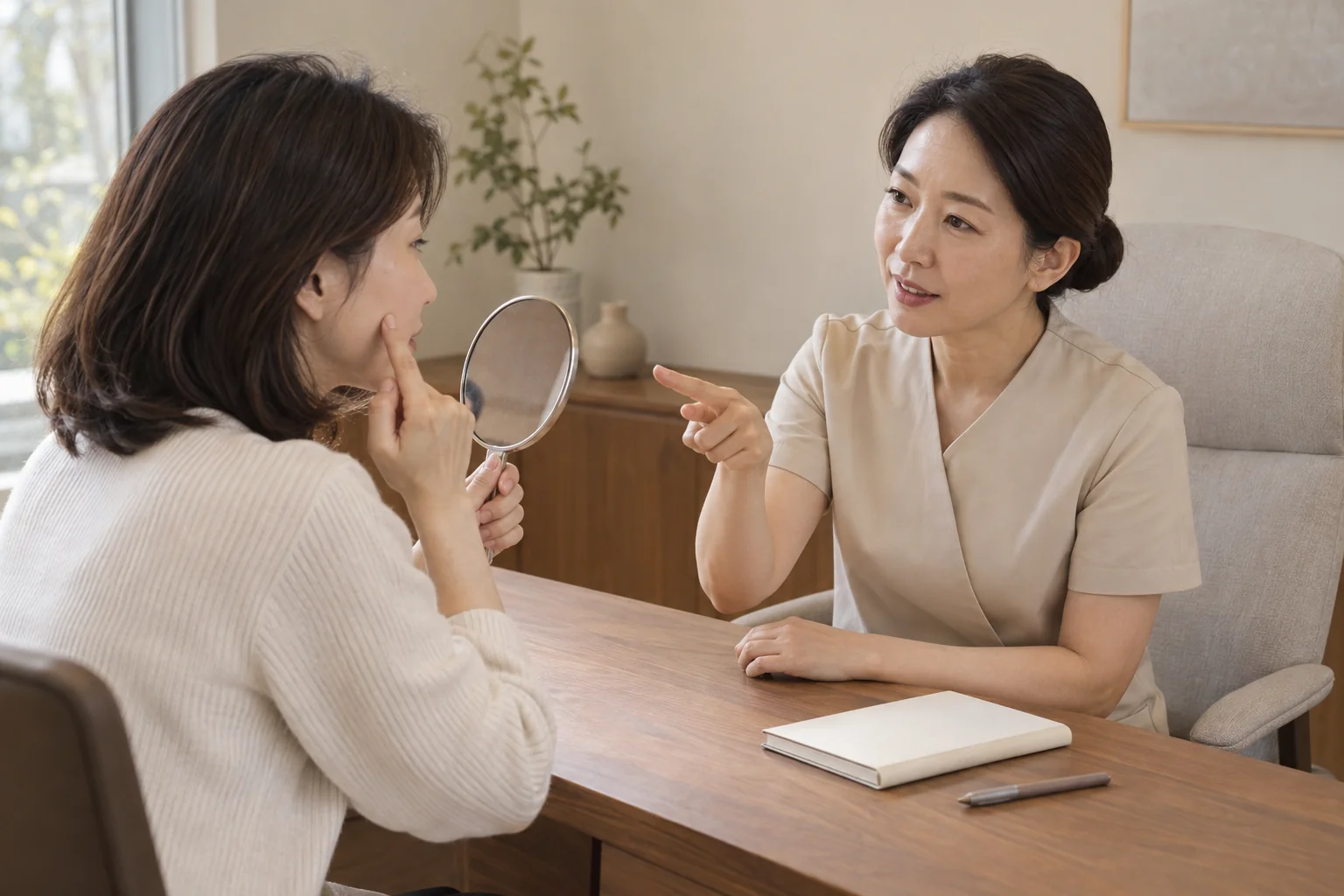 거울을 보며 관심 부위를 상담하는 장면