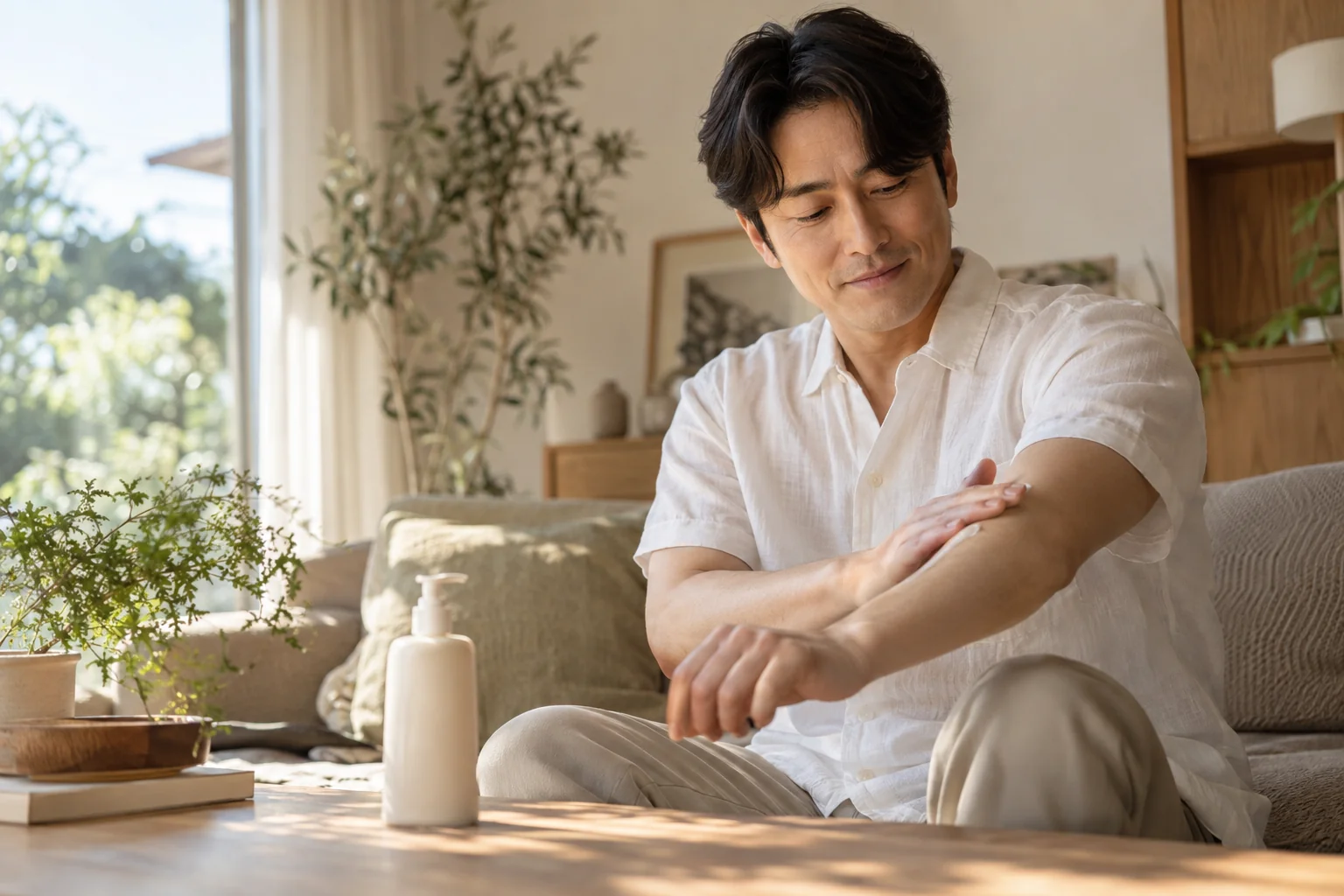 집에서 팔에 보습제를 바르는 성인 남성