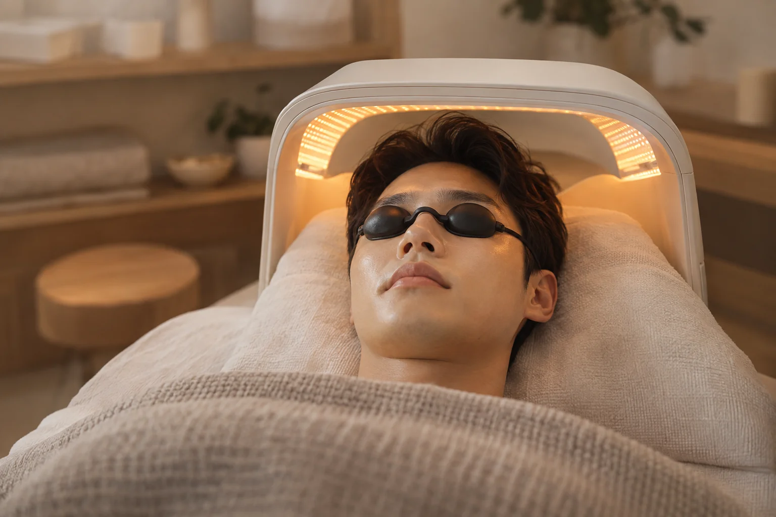 눈 보호 안경을 착용하고 LED 관리 기기 아래에 누운 성인 남성