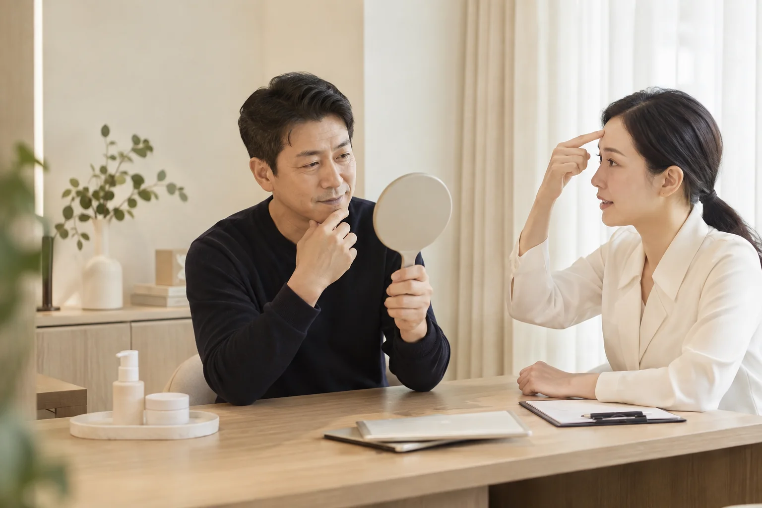 손거울을 보며 표정과 이마의 관심을 나누는 중년 남성과 상담자