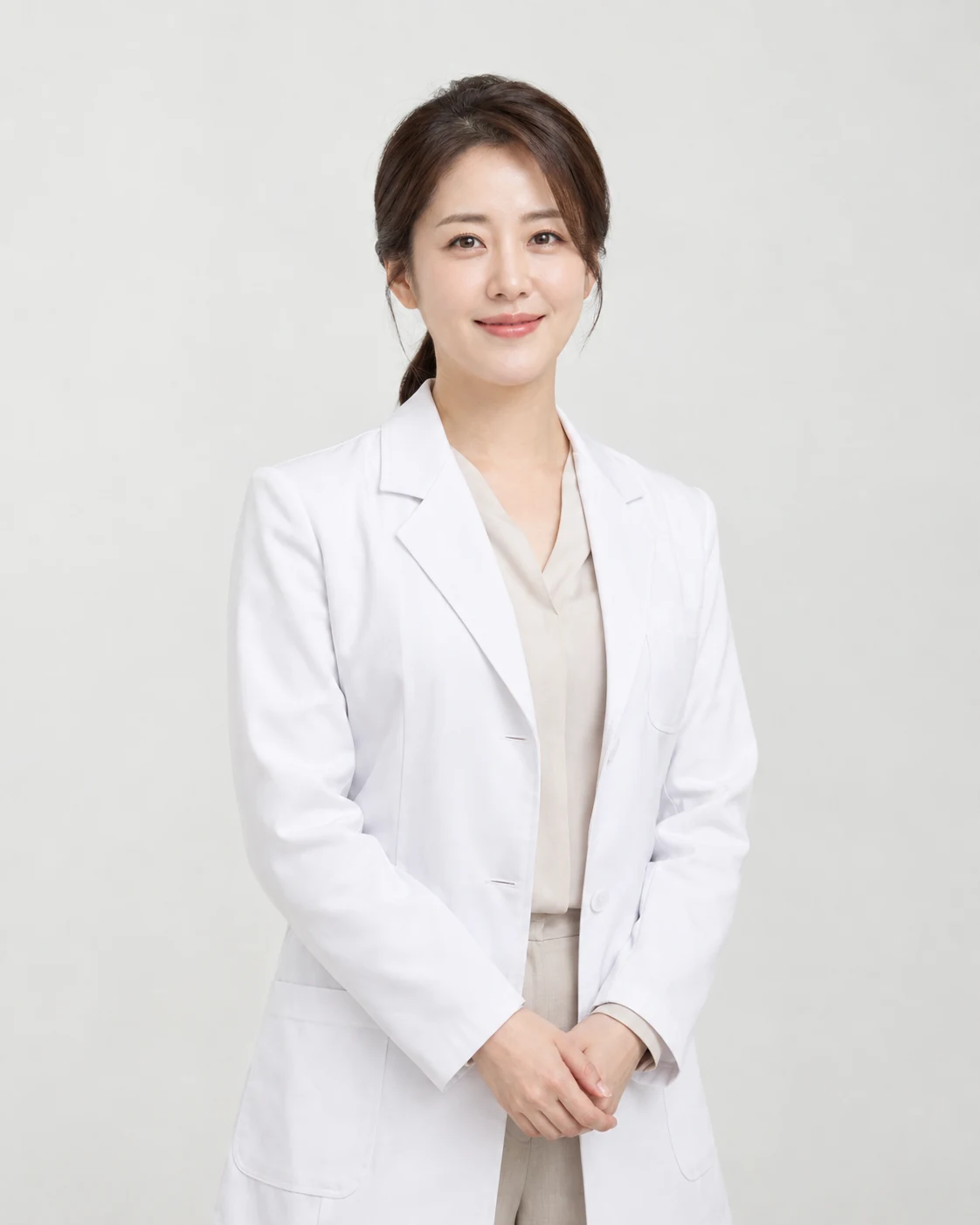 흰 가운을 입은 가상의 여성 진료팀 인물