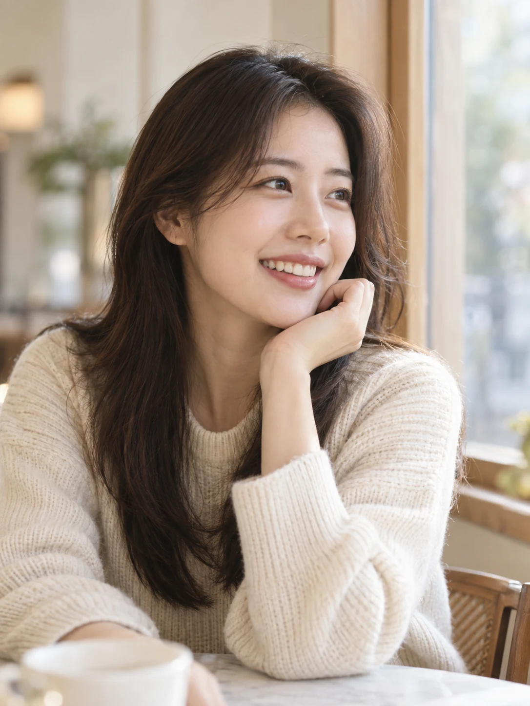 카페에서 생각에 잠긴 가상의 성인 여성 모델