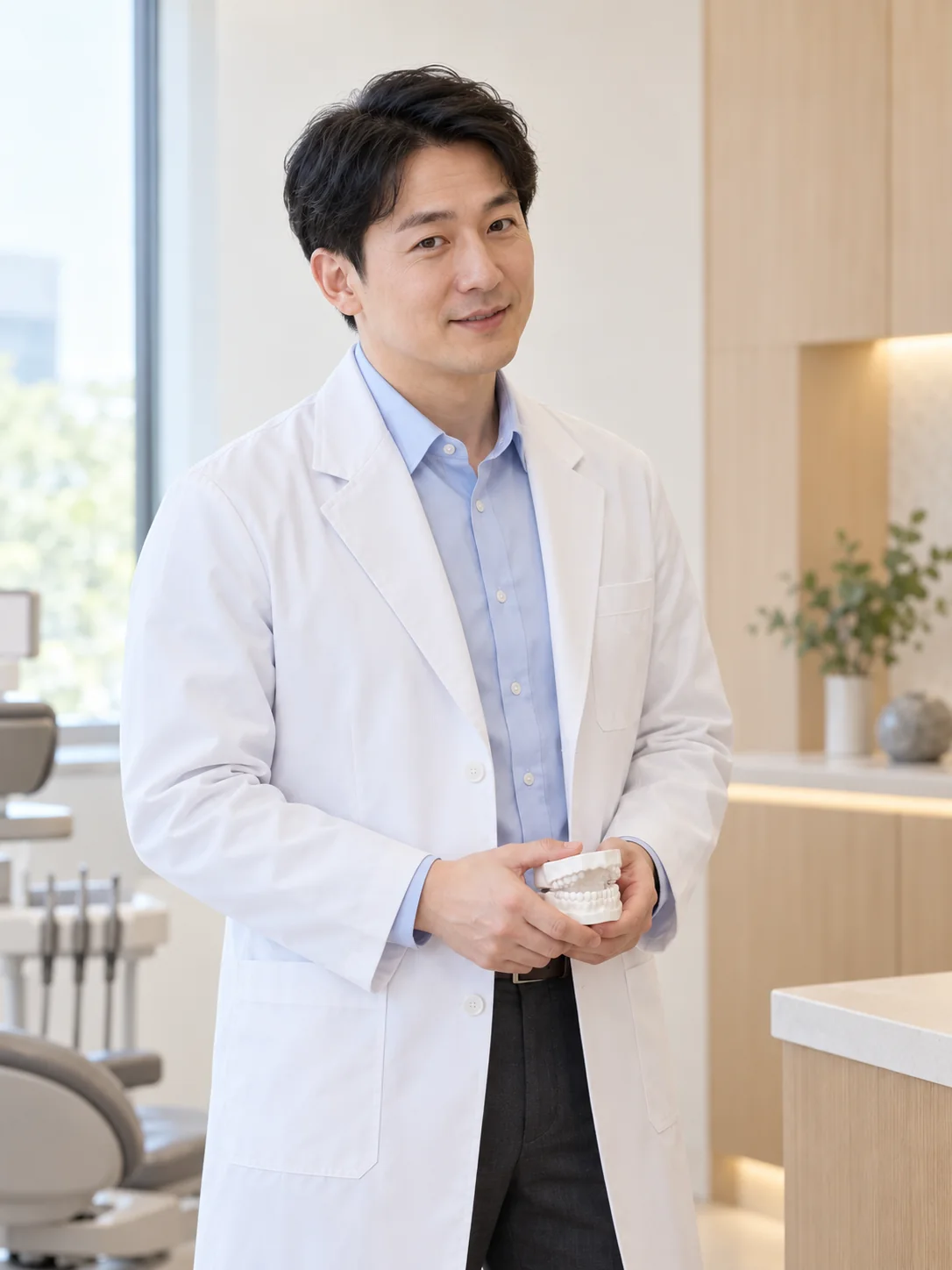 교정장치를 살펴보는 씨드치과의 가상 진료팀 인물