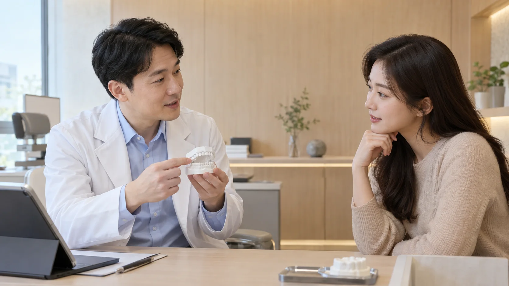 치아 모형을 보며 설명을 듣는 따뜻한 치과 상담 장면