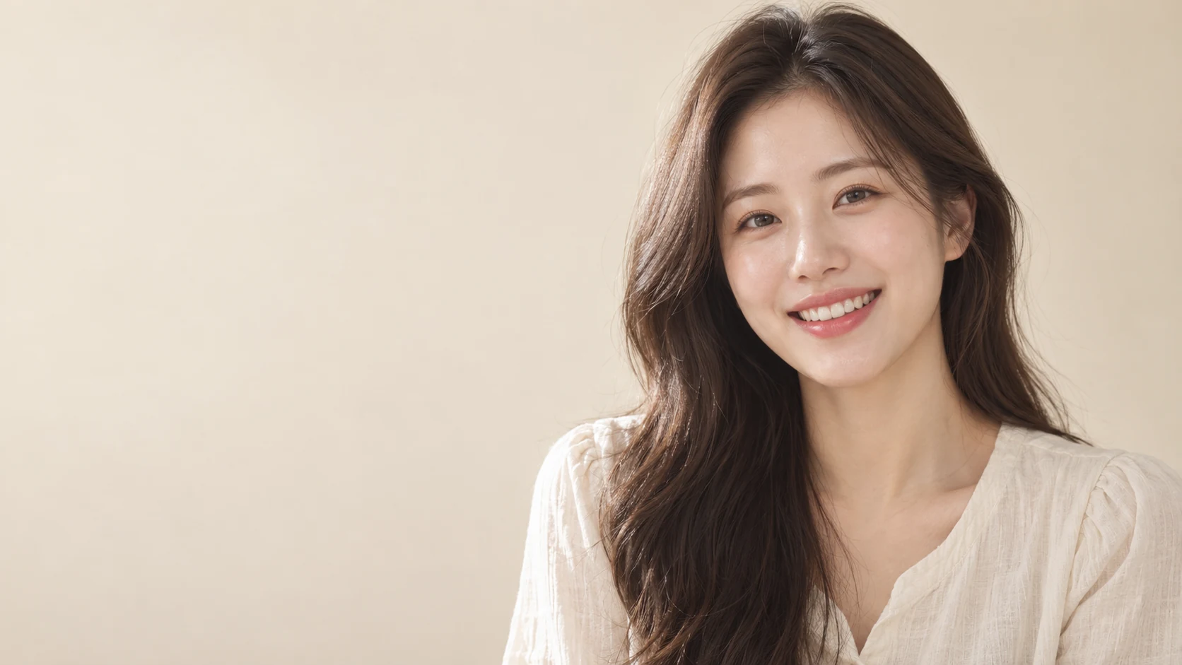 자연스럽게 미소 짓는 가상의 성인 여성 모델로 실제 치료 결과가 아닌 인물