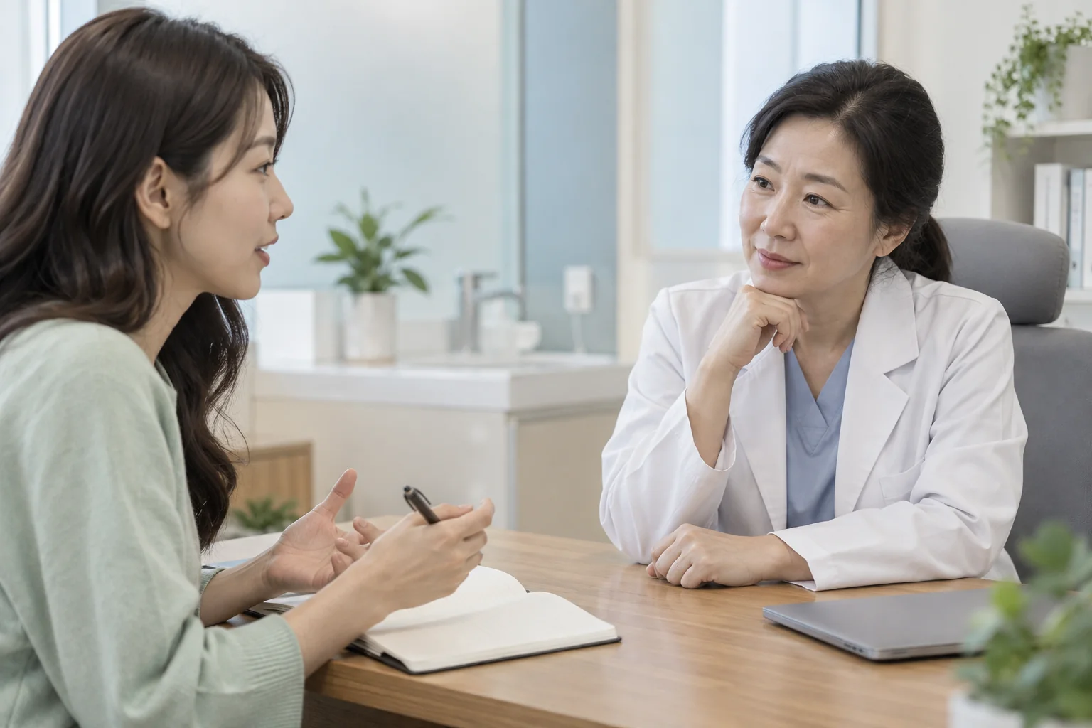 빈 공책에 적을 질문을 함께 확인하는 가상의 성인 여성과 진료팀