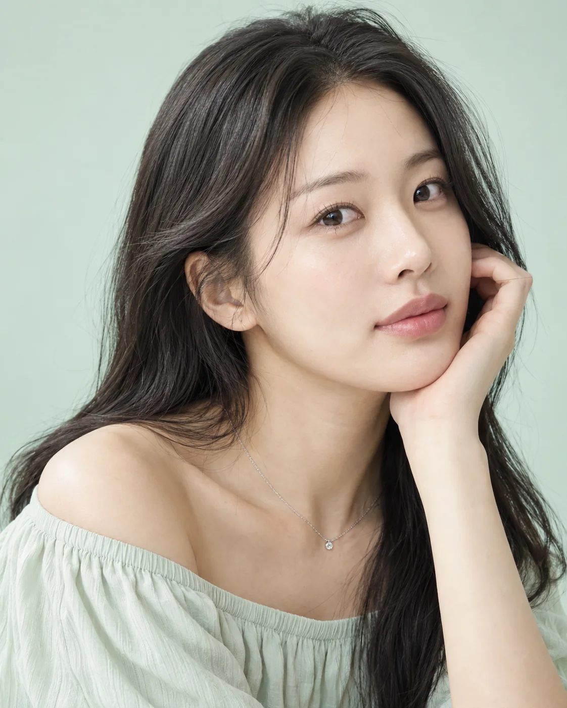 깨끗한 피부의 분위기를 담은 가상의 성인 여성 뷰티 모델