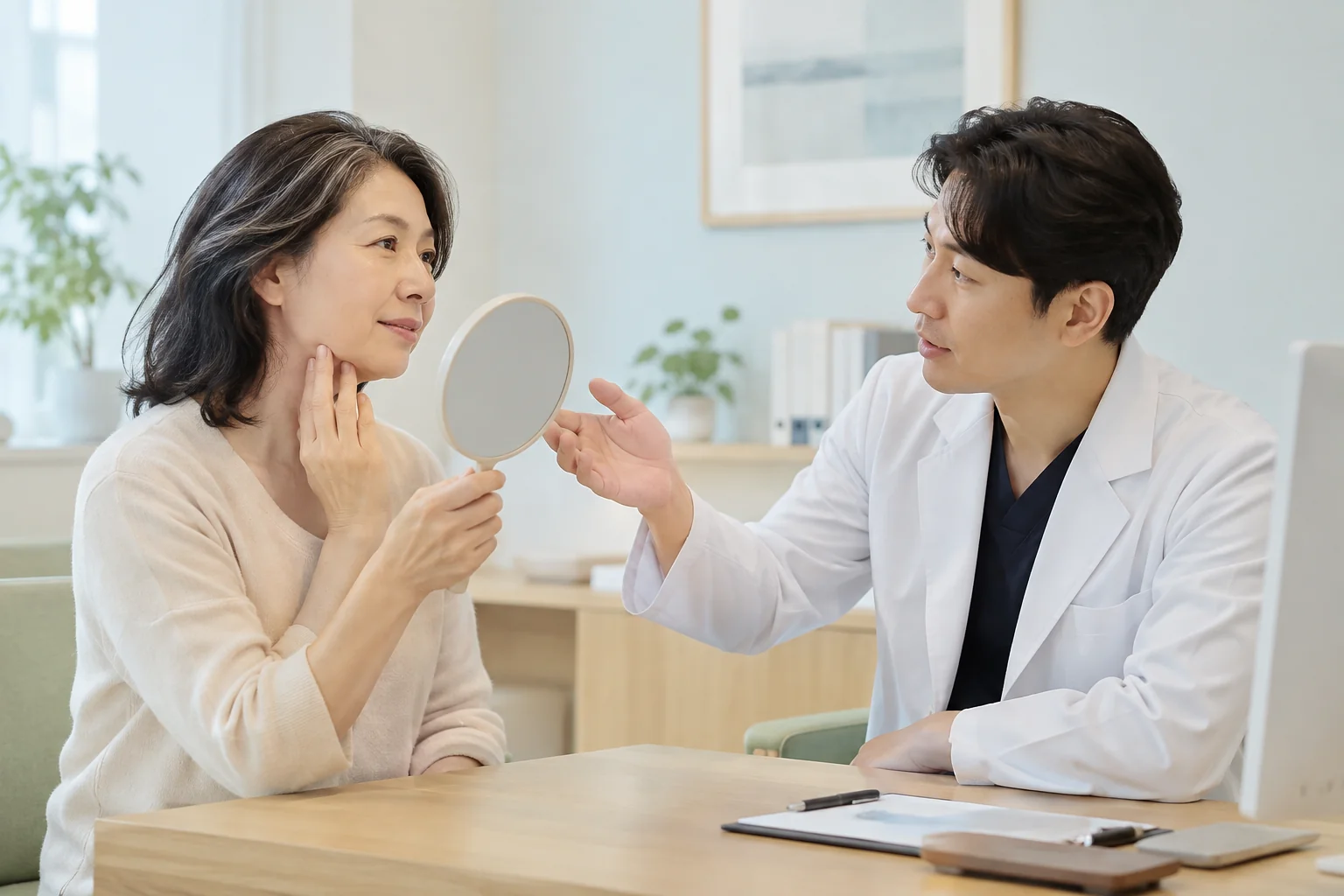 손거울을 보며 턱선의 고민을 이야기하는 가상의 중년 여성과 진료팀