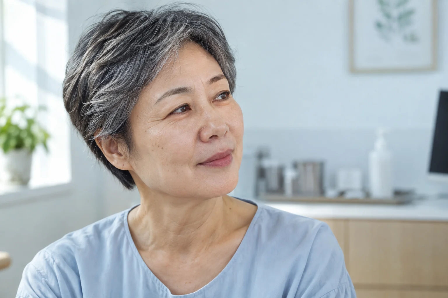 잔주름과 자연스러운 피부결이 보이는 가상의 중년 여성 옆얼굴