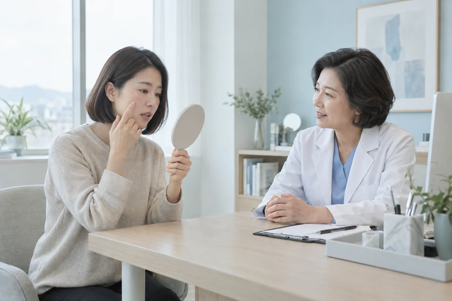 손거울을 들고 볼의 피부 톤에 관해 이야기하는 가상의 성인 여성과 진료팀