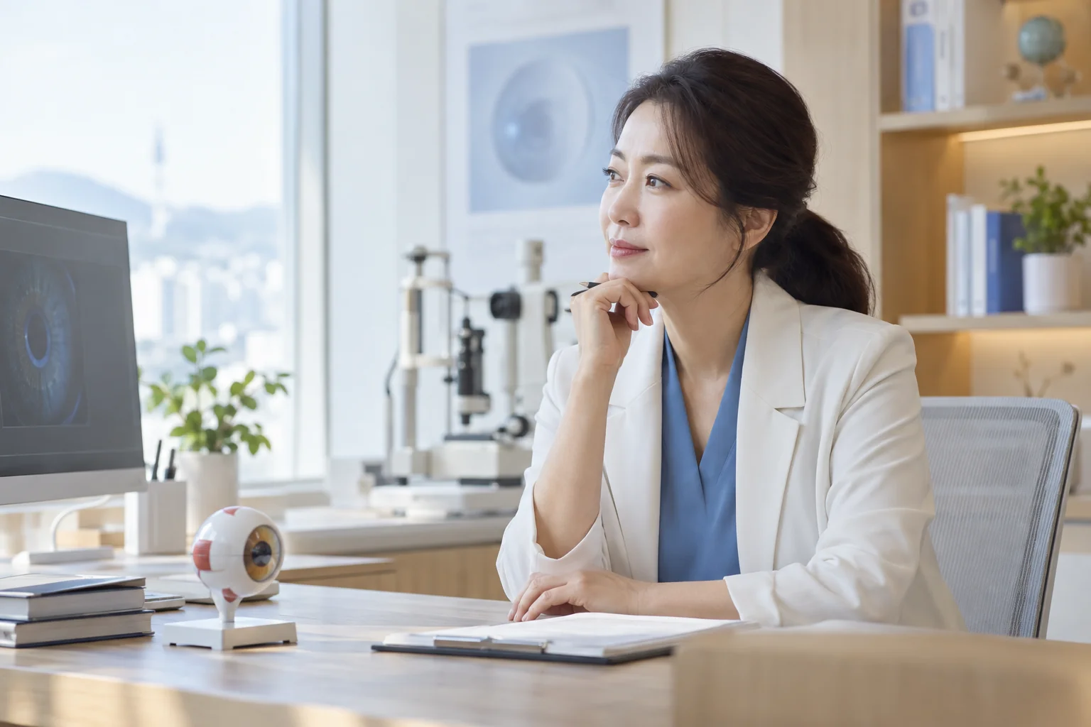 눈 구조 모형과 함께 있는 가상 상담자 모델 사진