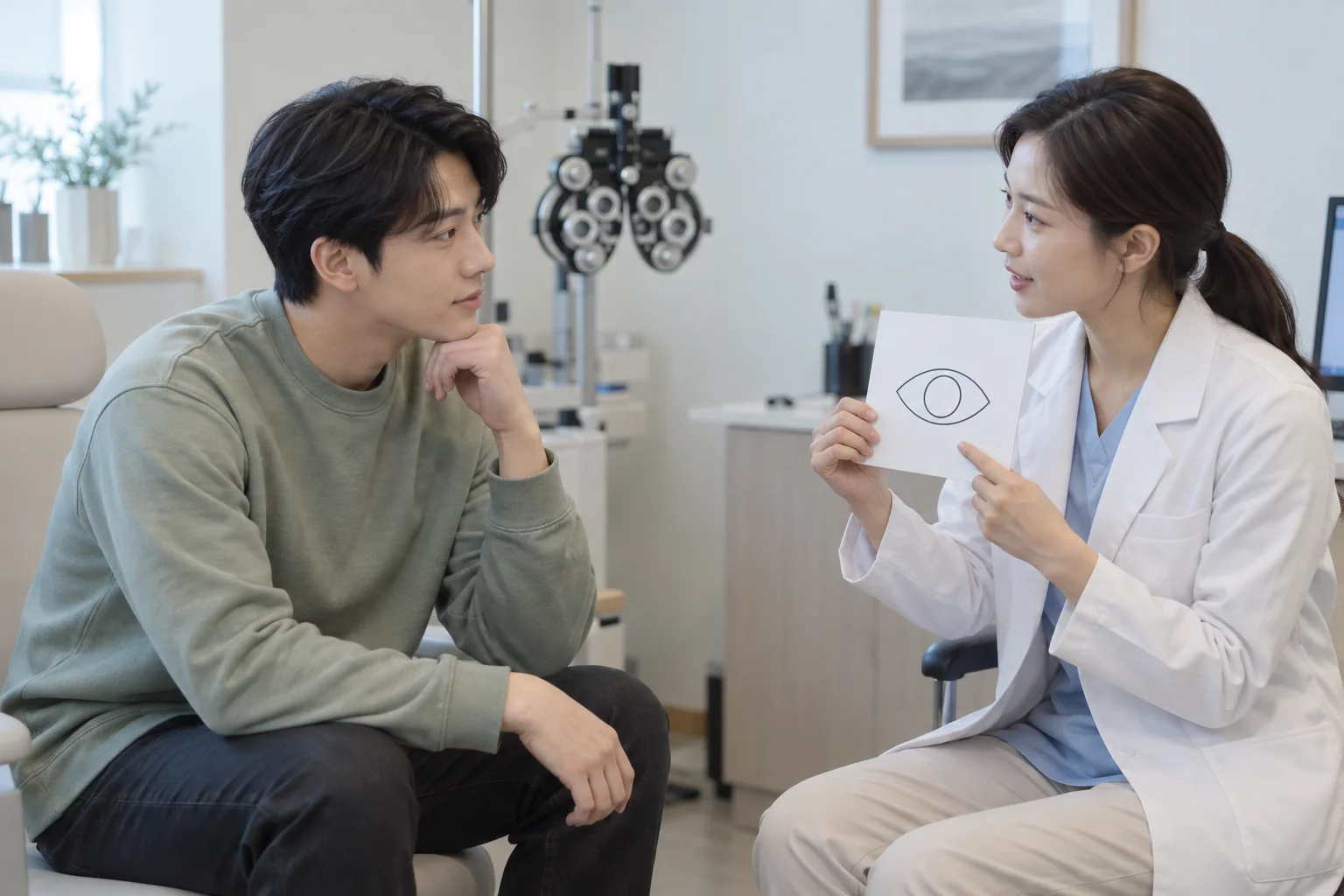 각막 검사와 상담 질문을 나누는 가상 성인들