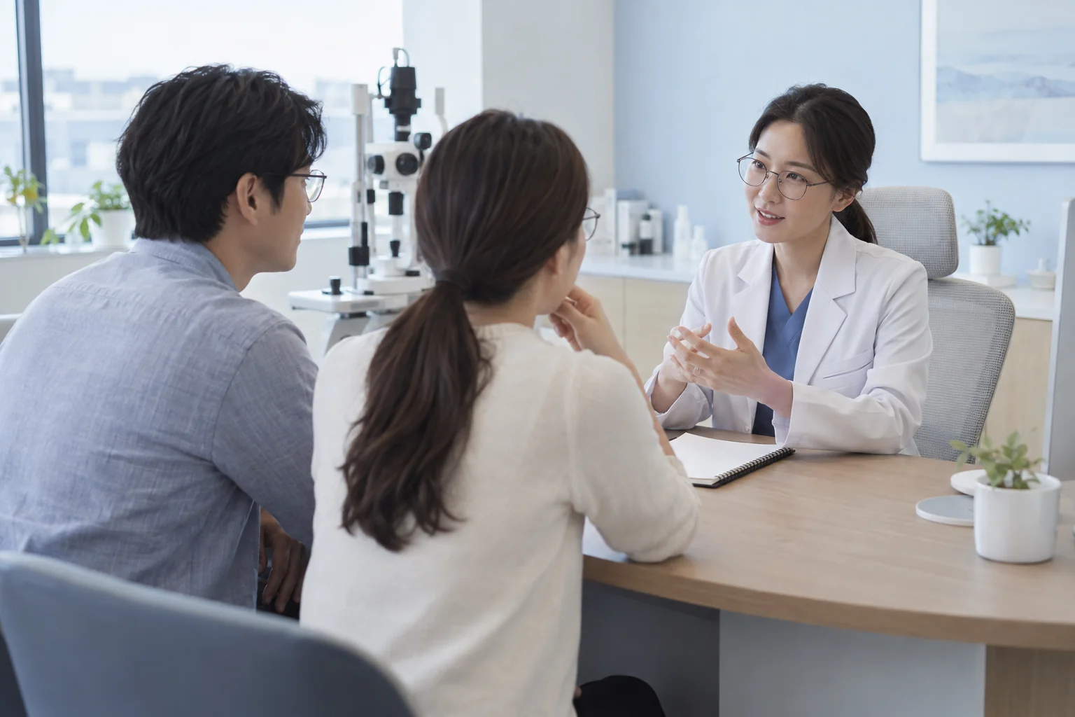 시력교정 방법에 관해 질문하는 가상 상담 장면