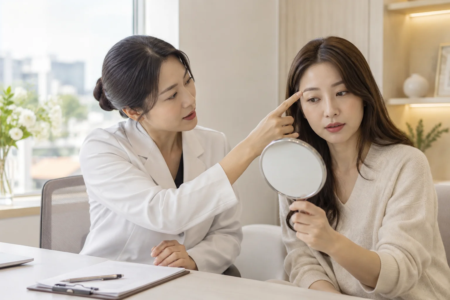 눈 주변의 관심을 손거울로 나누는 상담 장면