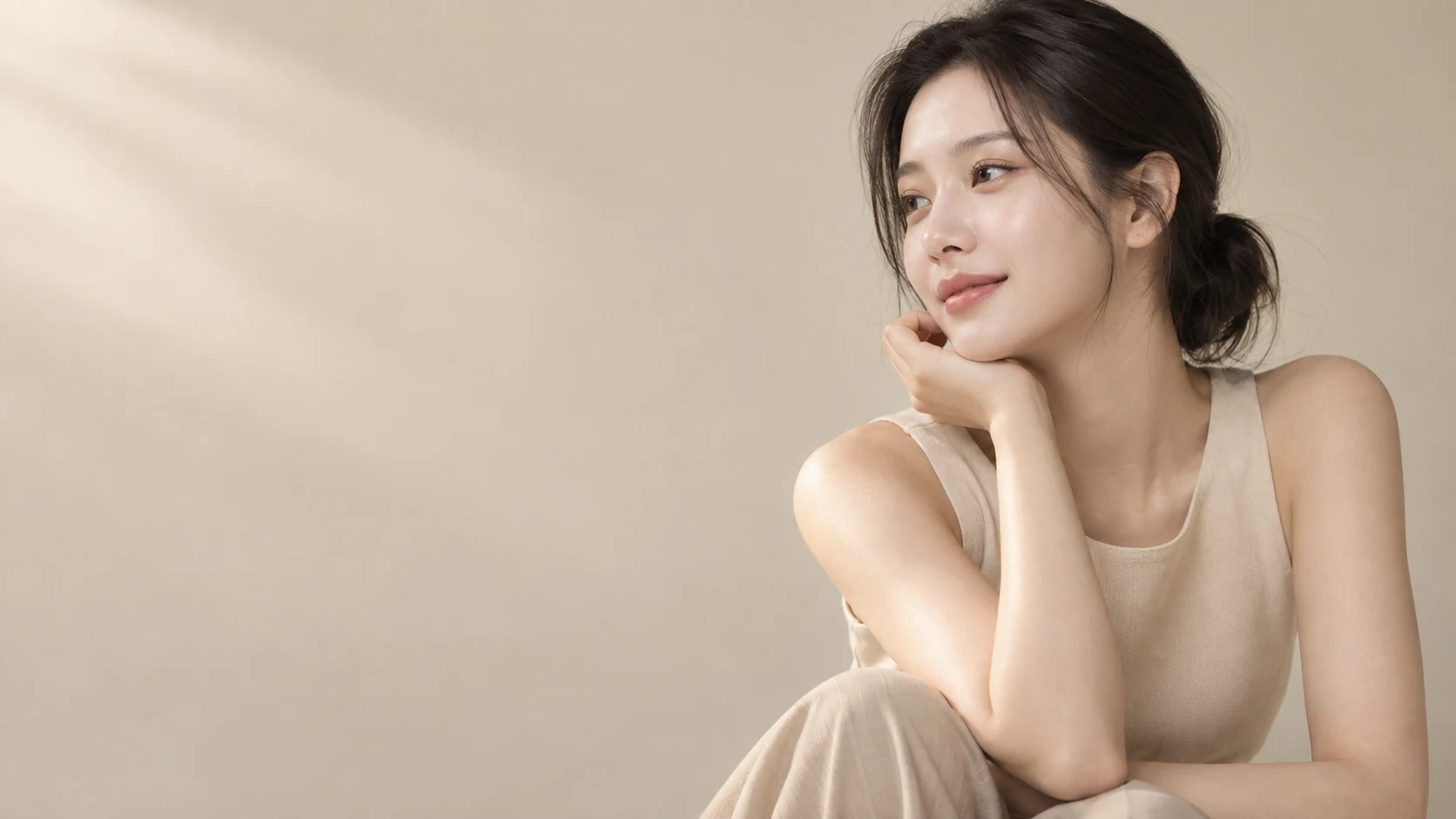 햇살 아래 자연스러운 옆모습의 뷰티 모델