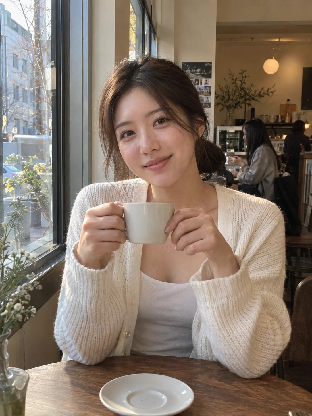 카페 창가에 앉은 크림색 카디건의 여성 모델